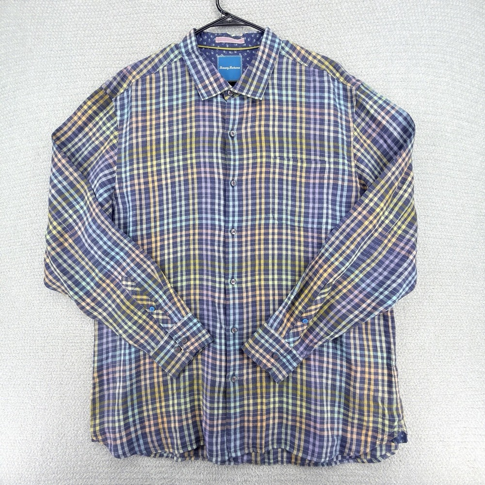 Tommy Bahama Shirt Mens 2XL Rainbow Gingham Check 100% Linen L/S Button Up